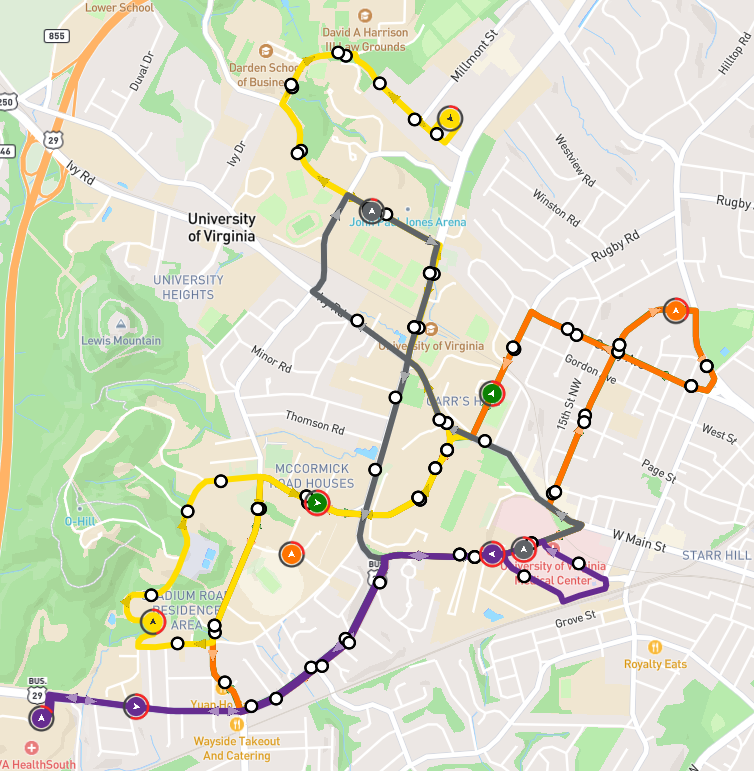 GoHoos map showing UTS route lines, stops, and live bus positions around Grounds
