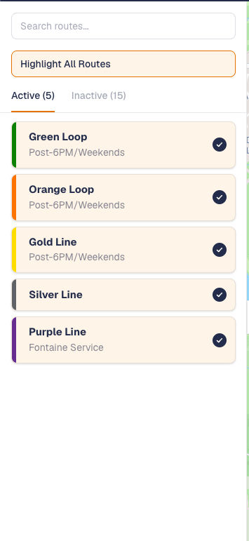 GoHoos sidebar listing active UTS routes with color indicators